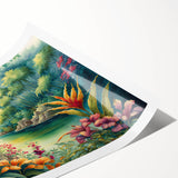 Vibrant rainforest landscape wall art print showcasing lush greenery and tropical flora, rolled for easy transport and display, perfect for nature enthusiasts.