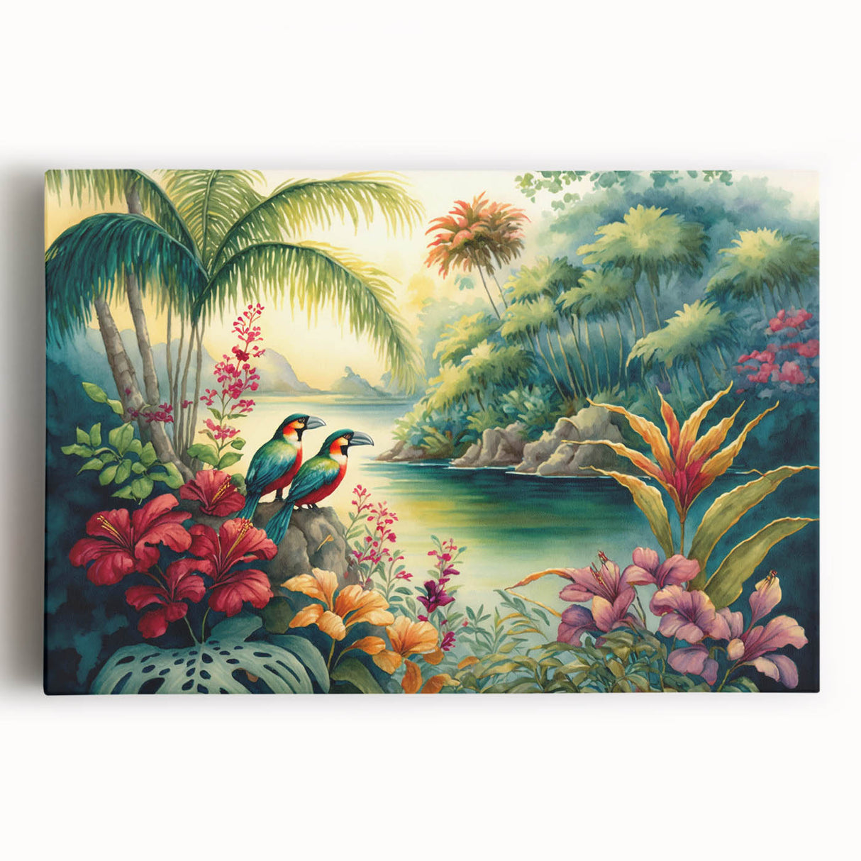 Stretched canvas wall art showcasing a vibrant rainforest landscape design, featuring lush greenery and vivid colors, perfect for enhancing home decor aesthetics.