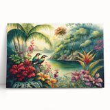 Vibrant rainforest landscape wall art collection featuring lush green foliage and tropical colors, printed on stretched canvas, ideal for home décor.