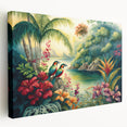 Stretched canvas wall art depicting a vibrant rainforest landscape, showcasing lush greenery and tropical flora in rich colors, perfect for nature-themed decor.