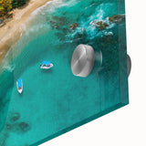 Close-up view of a vibrant rainforest landscape wall art design printed on acrylic glass, showcasing rich greens and blues, ideal for nature-inspired decor.