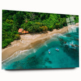 Vibrant rainforest-themed wall art design displayed in a sleek acrylic glass frame, showcasing lush greenery and tropical elements, perfect for home décor.