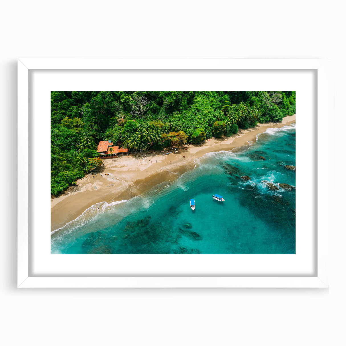 Framed landscape wall art featuring a vibrant rainforest design with lush greenery and colorful flora, presented in a sleek white frame with a mat. Perfect for adding a touch of nature to any space.