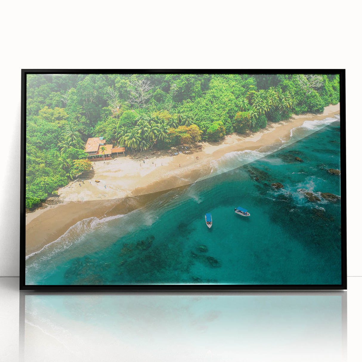 Framed acrylic wall art showcasing a vibrant rainforest landscape design, featuring lush greenery and vivid colors, ideal for home decor and nature lovers.