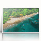 Framed acrylic wall art showcasing a vibrant rainforest landscape design, featuring lush green foliage and rich colors, ideal for enhancing modern home decor.