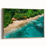 Framed canvas wall art showcasing a vibrant rainforest landscape with rich greens and gold accents, perfect for adding a touch of nature-inspired elegance to any decor.