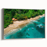 Framed canvas wall art featuring a vibrant rainforest landscape design, showcasing lush greenery and intricate details, with a sleek silver frame enhancing its elegance.