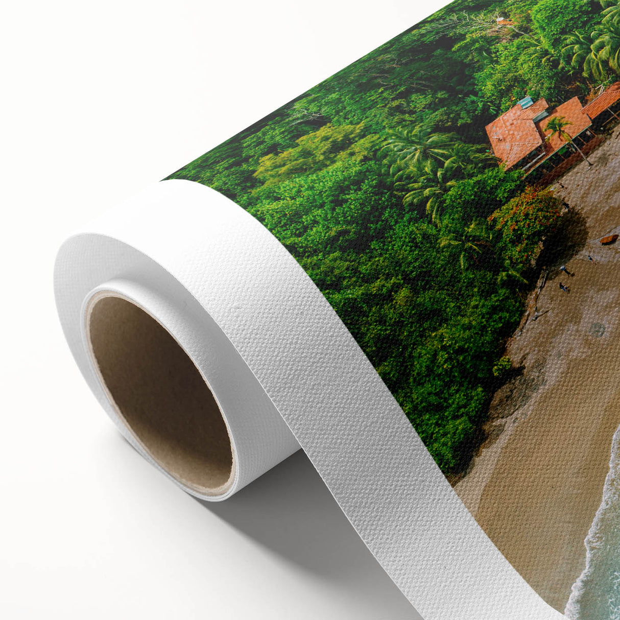 Vibrant rolled canvas artwork depicting a lush rainforest landscape, showcasing rich greens and detailed foliage, ideal for nature-themed decor.