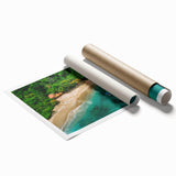 Vibrant rainforest landscape wall art print showcasing lush greenery and intricate details, ideal for nature-inspired decor. Perfectly rolled for easy framing.