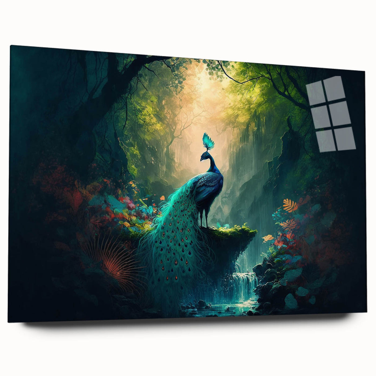 Acrylic glass wall art showcasing a vibrant rainforest landscape design, featuring lush greenery and colorful flora, side view without pins, perfect for nature lovers.