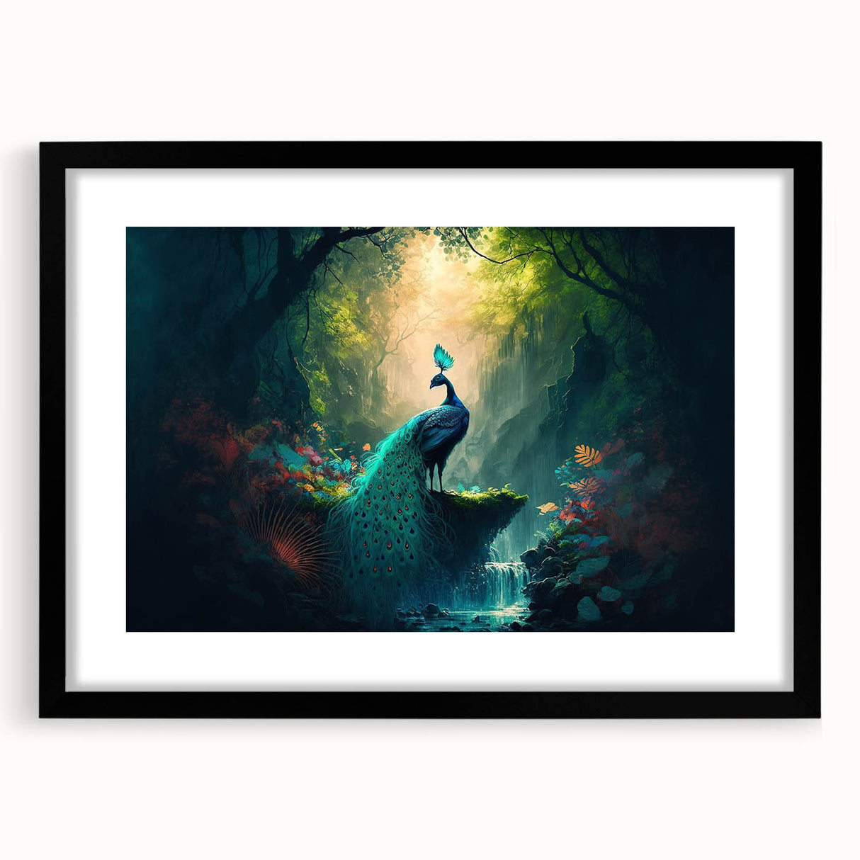 Framed rainforest landscape wall art featuring vibrant green foliage and intricate details, presented in a sleek black frame with a white mat, perfect for home decor.