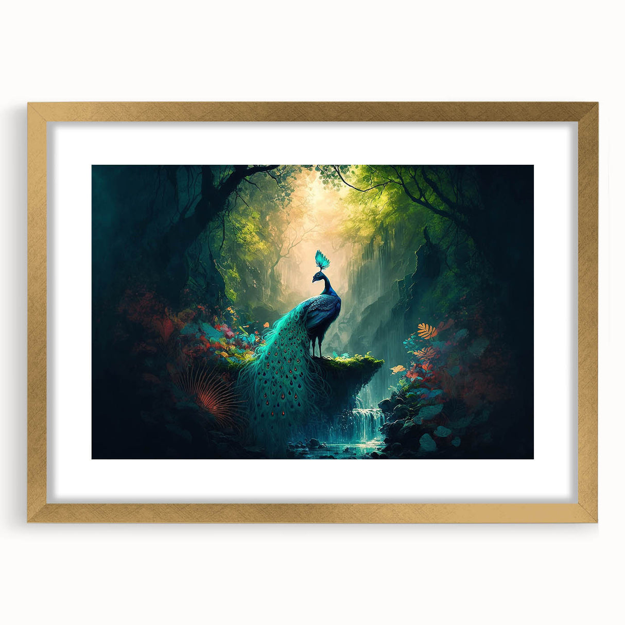 Framed wall art featuring a vibrant rainforest landscape design, with a gold mat and frame, ideal for enhancing home decor and bringing nature indoors.