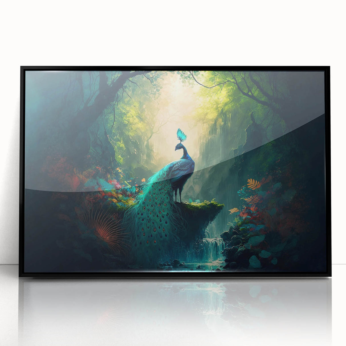 Framed acrylic wall art showcasing a vibrant rainforest landscape design, featuring lush green foliage and intricate details, perfect for enhancing modern home decor.