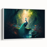 Framed canvas wall art showcasing a vibrant rainforest landscape design, featuring rich greens and blues with a sleek white frame, ideal for home decor.
