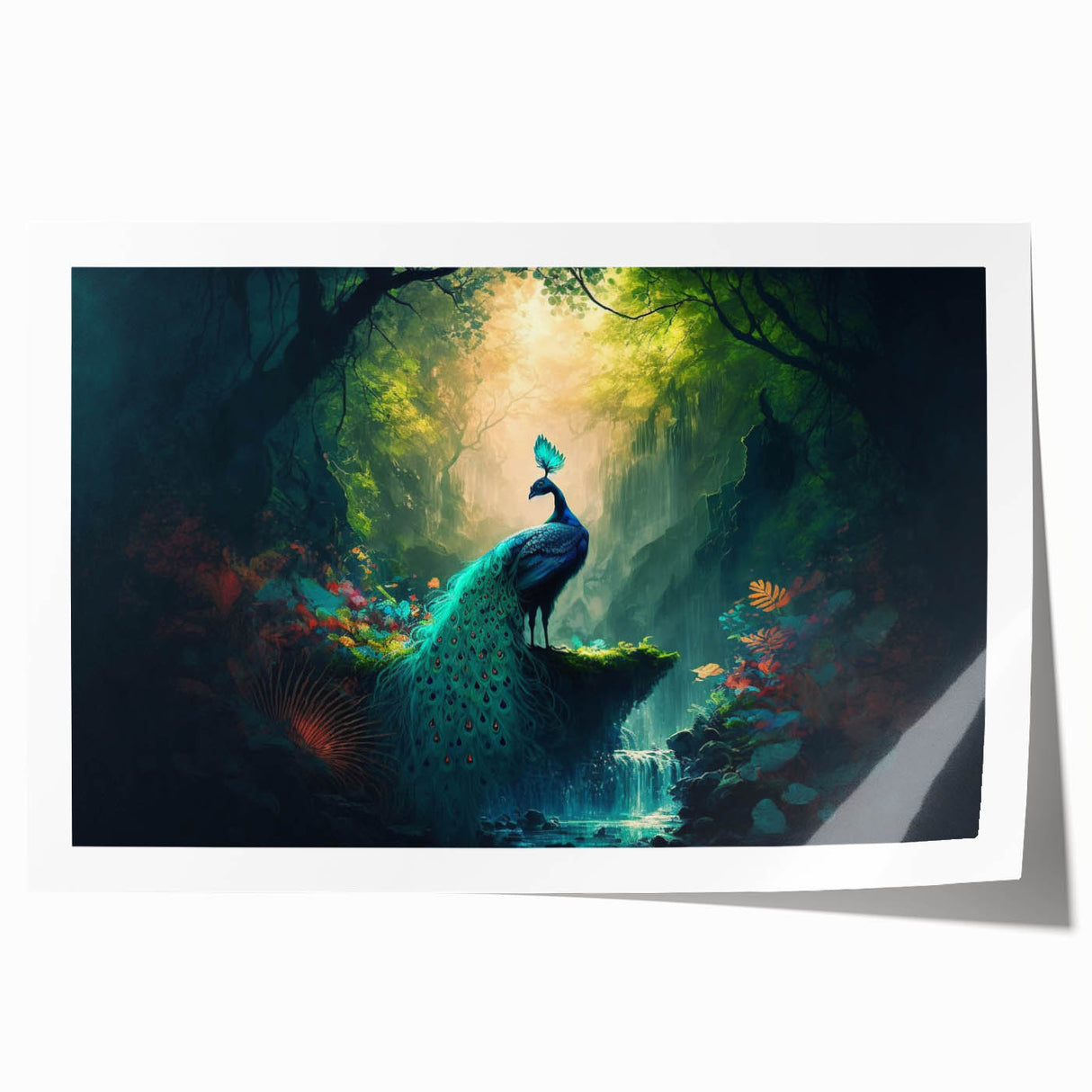 Vibrant rolled print showcasing a lush rainforest landscape design, featuring rich greens and detailed textures, ideal for enhancing home decor.