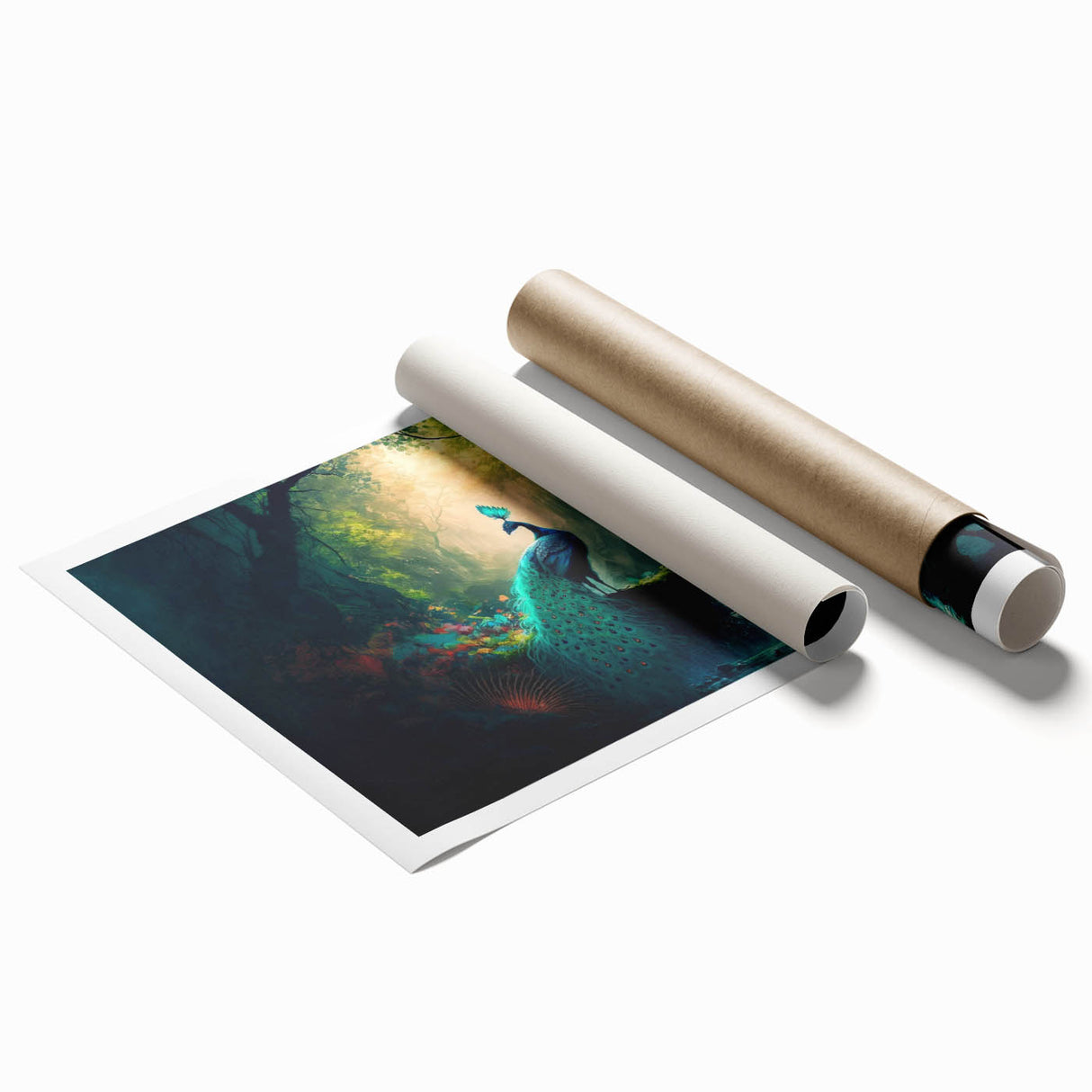Vibrant rainforest landscape wall art print showcasing lush green foliage and vibrant tropical flowers, rolled and ready for display in a stylish home decor setting.