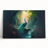 Stretched canvas wall art depicting a vibrant rainforest landscape design, featuring lush green foliage and vivid tropical colors, ideal for home decor.