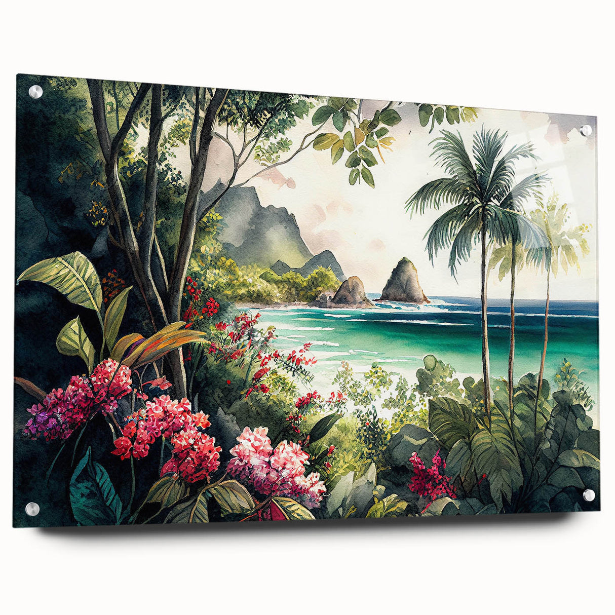 Acrylic wall art showcasing a vibrant rainforest landscape design, mounted with pins for display, featuring lush greenery and tropical colors, ideal for home decor.