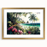 Framed rainforest wall art design with a gold mat, showcasing vibrant greenery and wildlife, perfect for enhancing home decor with a tropical theme.