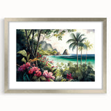 Framed rainforest landscape wall art design in a silver frame with a white mat, showcasing vibrant greenery and serene nature, perfect for home decor.
