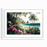 Framed rainforest landscape wall art featuring vibrant green foliage and intricate details, displayed with a white mat and sleek frame, perfect for home decor.