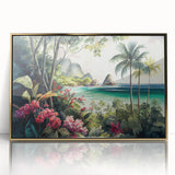 Framed acrylic wall art of a vibrant rainforest landscape, featuring lush green foliage and gold accents, ideal for modern home decor and nature enthusiasts.