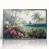 Framed acrylic wall art showcasing a vibrant rainforest landscape, featuring lush greenery and layered textures, presented in a sleek silver frame for modern decor.
