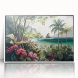 Framed acrylic wall art depicting a vibrant rainforest landscape with lush greenery, perfect for enhancing home décor with a nature-inspired theme.