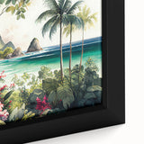 Close-up of a vibrant rainforest-themed wall art design featuring lush green foliage and vivid tropical flowers, framed in a sleek black border, perfect for home decor.