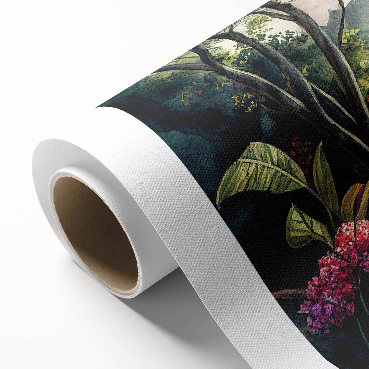 Vibrant rolled canvas art depicting a lush rainforest landscape, showcasing rich green foliage and intricate details, perfect for home decor and nature enthusiasts.
