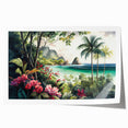 Vibrant rainforest landscape wall art print showcasing lush greenery and exotic wildlife, rolled and packaged in a protective cardboard tube for easy display.