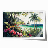 Vibrant rainforest landscape wall art print showcasing lush greenery and exotic wildlife, rolled and packaged in a protective cardboard tube for easy display.