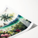 Vibrant rainforest landscape wall art print showcasing lush green foliage and tropical flora, rolled for easy framing and display in a protective tube.
