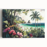 Vibrant stretched canvas artwork showcasing a lush rainforest landscape with rich greens and blues, perfect for adding a nature-inspired touch to any room decor.