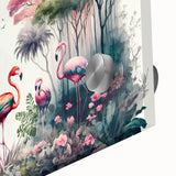 Close-up of vibrant rainforest landscape wall art design printed on acrylic glass, showcasing rich greens and blues, ideal for nature-themed decor.