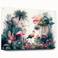Acrylic glass wall art displaying a vibrant rainforest landscape design, showcasing lush greenery and colorful flora, elegantly mounted with pins for easy display.