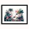 Framed rainforest landscape wall art featuring vibrant greens and natural textures, set in a sleek black frame with matting, ideal for home decor.