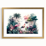 Framed wall art featuring a vibrant rainforest landscape design with lush greens and golden accents, perfect for enhancing home decor with a natural theme.