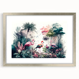 Framed rainforest landscape wall art with a silver matte finish, showcasing vibrant greens and earthy tones, ideal for nature-inspired home decor.