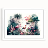 Framed wall art showcasing a vibrant rainforest landscape design, featuring lush green foliage and vivid colors, with a white mat and sleek black frame, ideal for home decor.