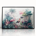 Framed acrylic wall art featuring a vibrant rainforest landscape design, showcasing lush green foliage and colorful wildlife, set in a sleek black frame for modern decor.