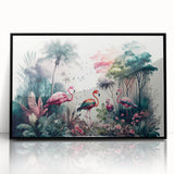 Framed acrylic wall art featuring a vibrant rainforest landscape design, showcasing lush green foliage and colorful wildlife, set in a sleek black frame for modern decor.