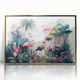 Framed wall art featuring a vibrant rainforest landscape design in acrylic with a gold frame, showcasing lush greenery and tropical colors, ideal for home decor.