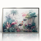 Framed acrylic wall art featuring a vibrant rainforest landscape design with rich green hues and intricate details, presented in a sleek silver frame for modern decor.