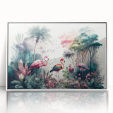 Framed wall art featuring a vibrant rainforest landscape design with lush greenery, displayed in a sleek white frame, ideal for enhancing home decor and creating a serene atmosphere.