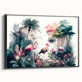 Framed canvas wall art showcasing a vibrant rainforest landscape design with lush greenery and colorful flora, displayed from a black side view for an elegant touch.