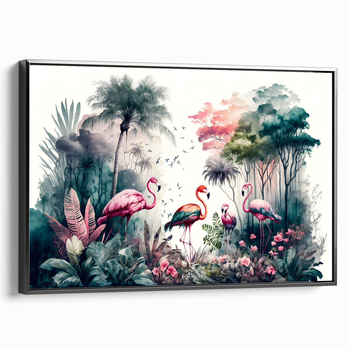 Framed canvas wall art showcasing a vibrant rainforest landscape design with lush greenery and colorful flora, displayed from a black side view for an elegant touch.