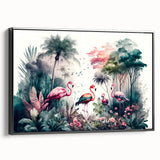 Framed canvas wall art showcasing a vibrant rainforest landscape design with lush greenery and colorful flora, displayed from a black side view for an elegant touch.