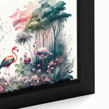 Framed canvas artwork showcasing a vibrant rainforest landscape design, highlighting lush green foliage and vivid tropical colors, perfect for nature-inspired decor.