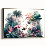 Framed canvas wall art showcasing a vibrant rainforest landscape design, featuring rich greens and gold accents, perfect for enhancing any room's decor.